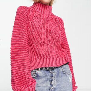 Free People Sweetheart balloon sleeve Chunky Knit sweater in pink Size Small